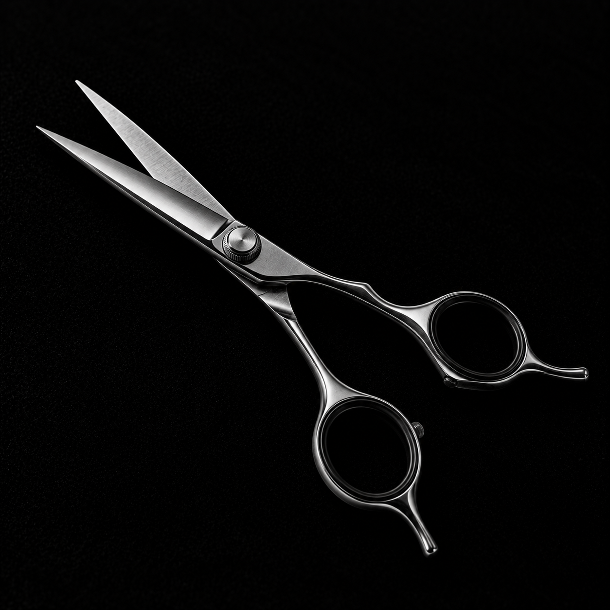 Polished barber scissors on black fabric